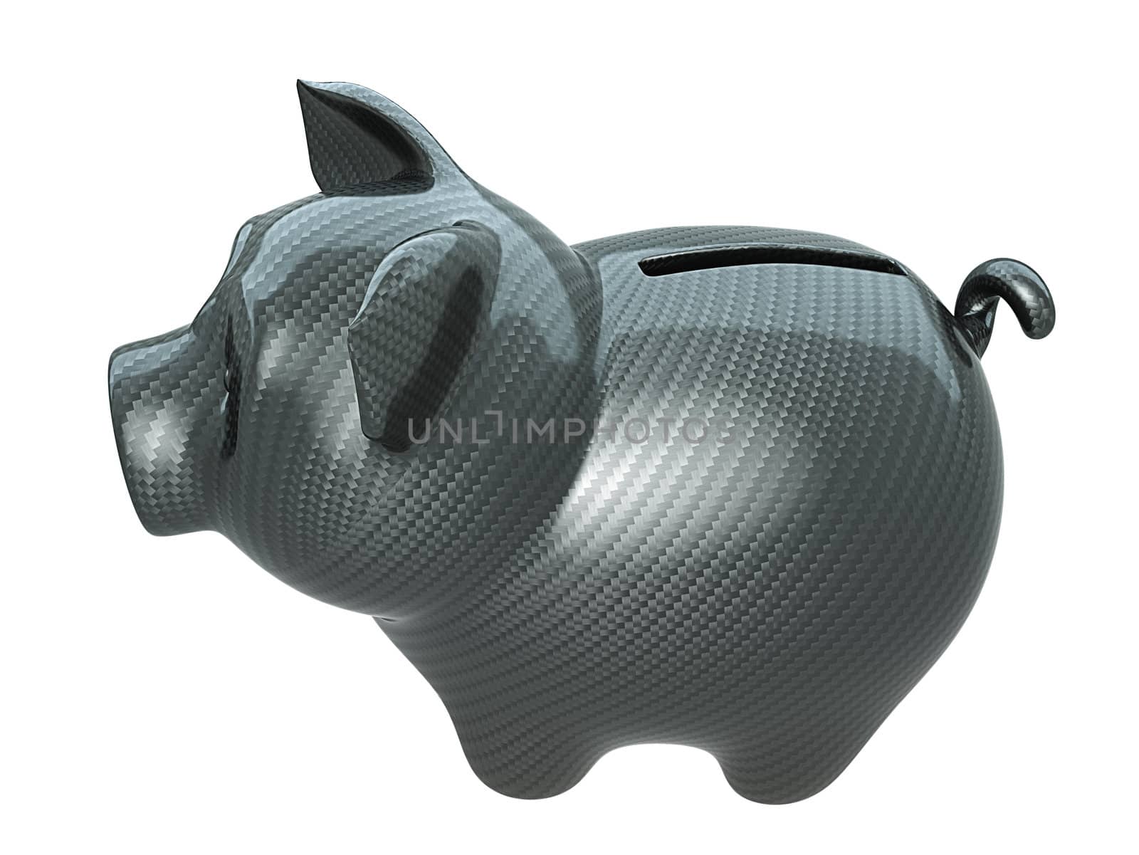 Carbon fiber piggy bank: confidence. Isolated on white