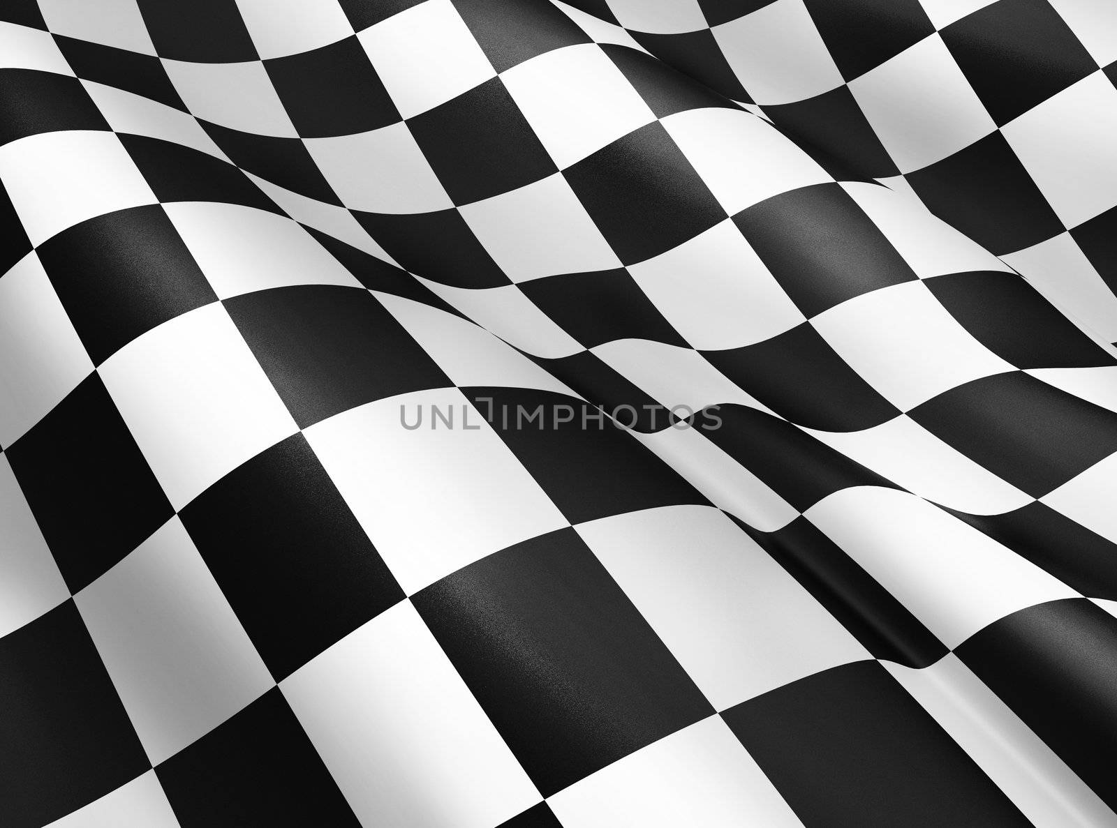 Black and white checkered flag background, start and finish flag, sport and race theme, wavy cloth and textile, victory lap symbol.