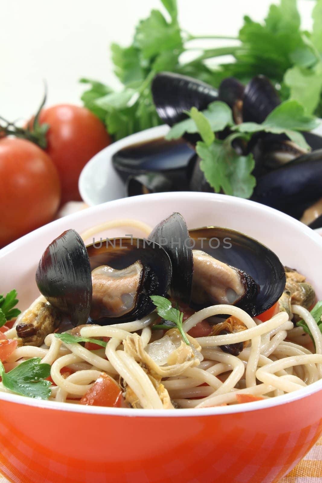 Spaghetti with tomatoes and mussels on a light background