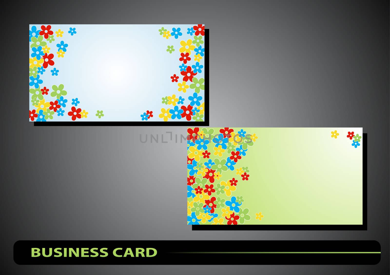 business card with colorful flowers on a blue and green backgrounds
