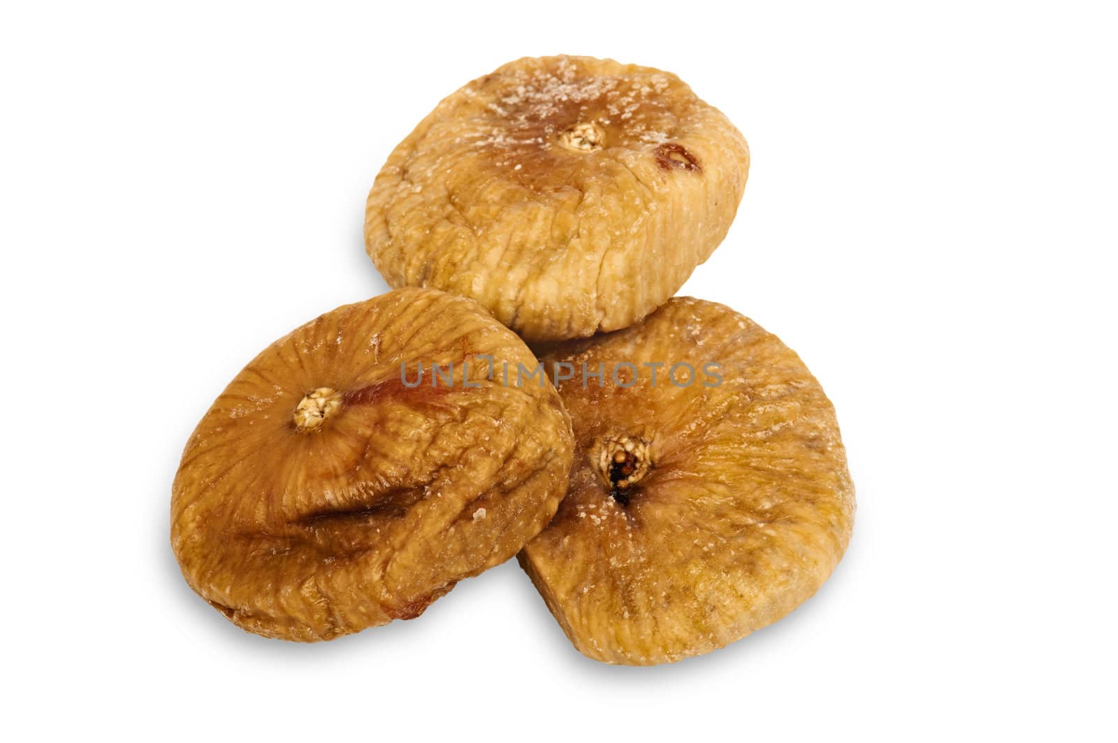 Dried figs isolated on white background with light shadow.
