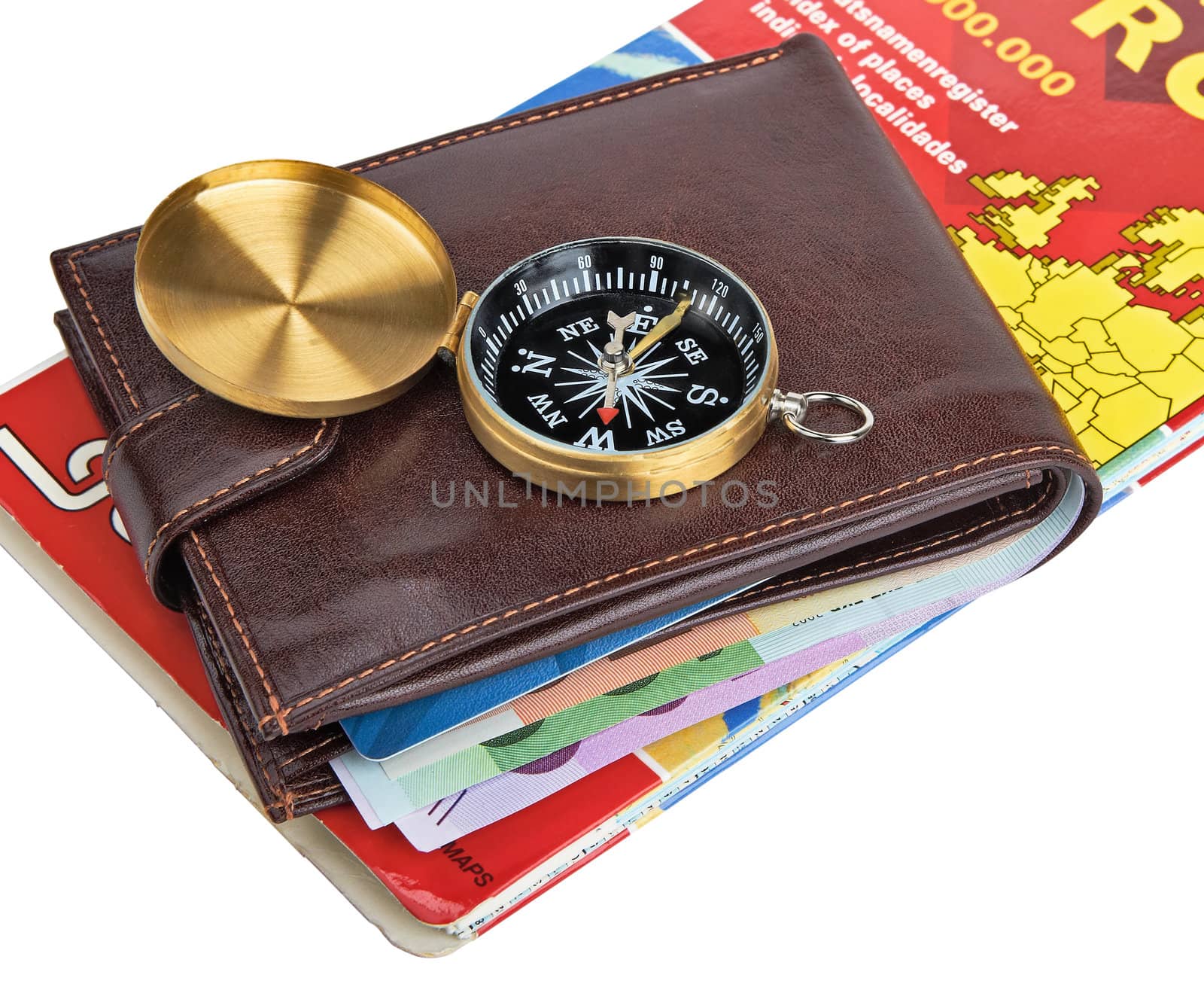 Wallet with banknotes, credit card on a map of Europe.Image is isolated on white.