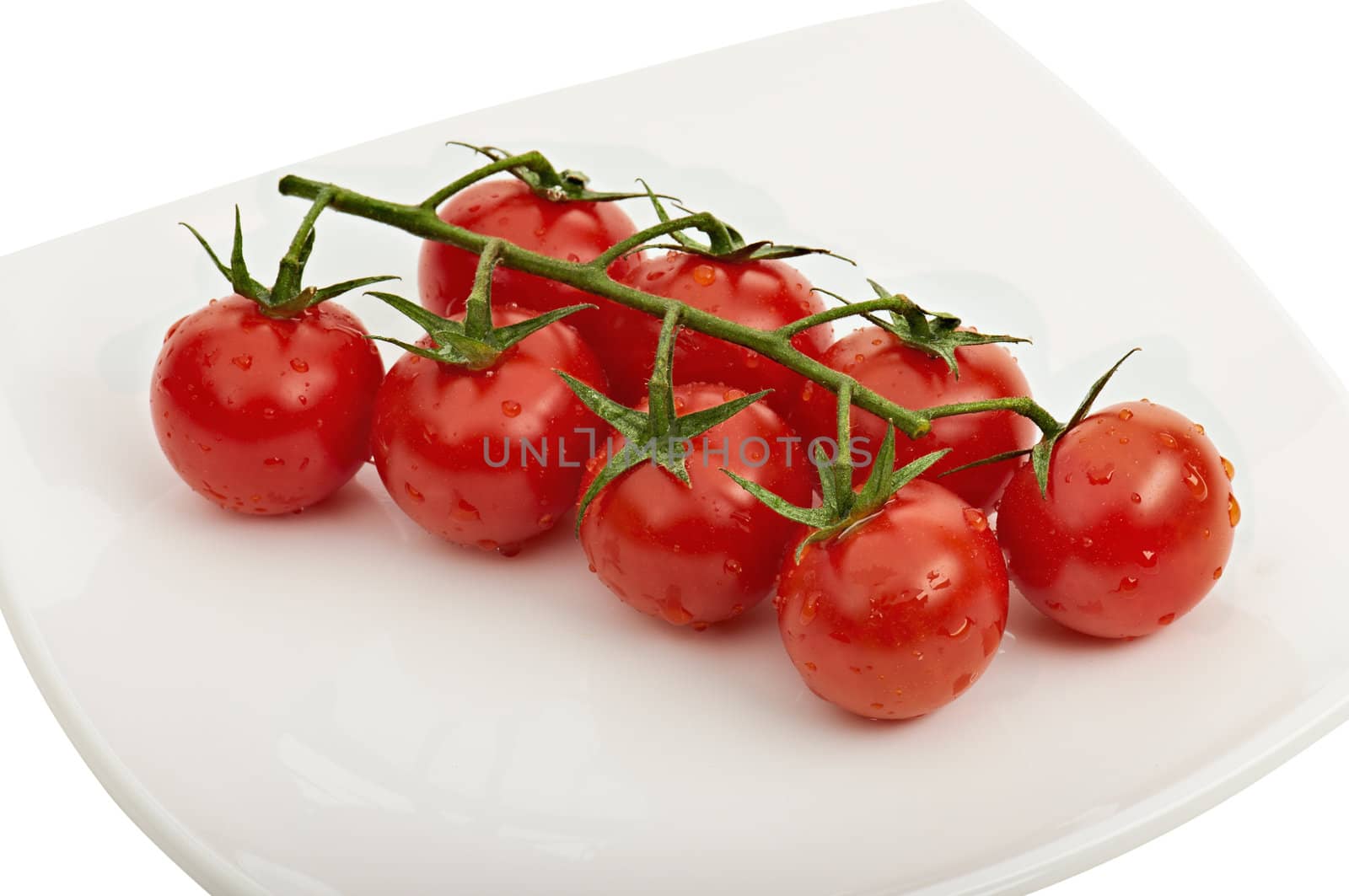 Cherry tomatoes on vine with water drops on white plate with light shadow.