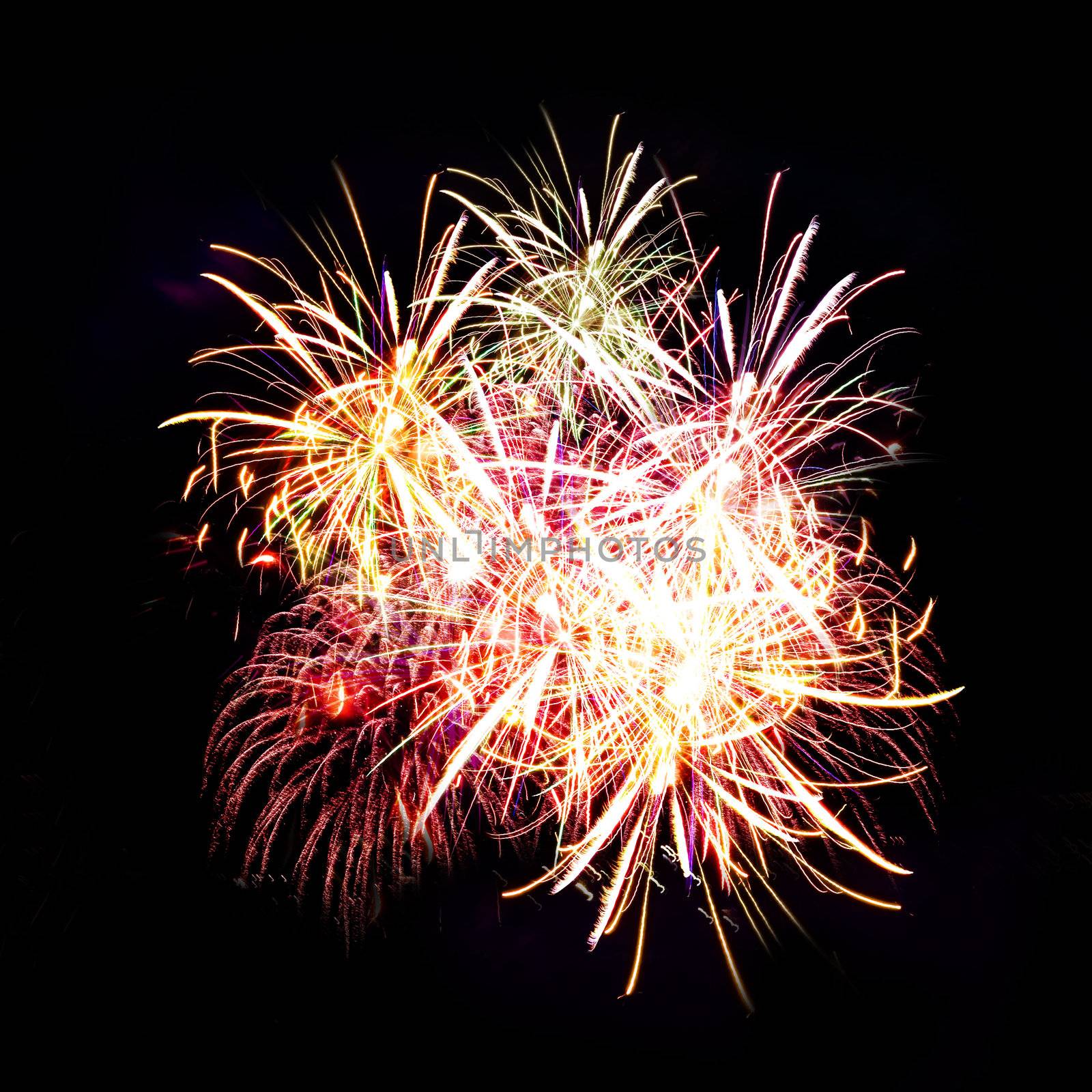 Firework streaks in night sky, celebration background by Kudryashka