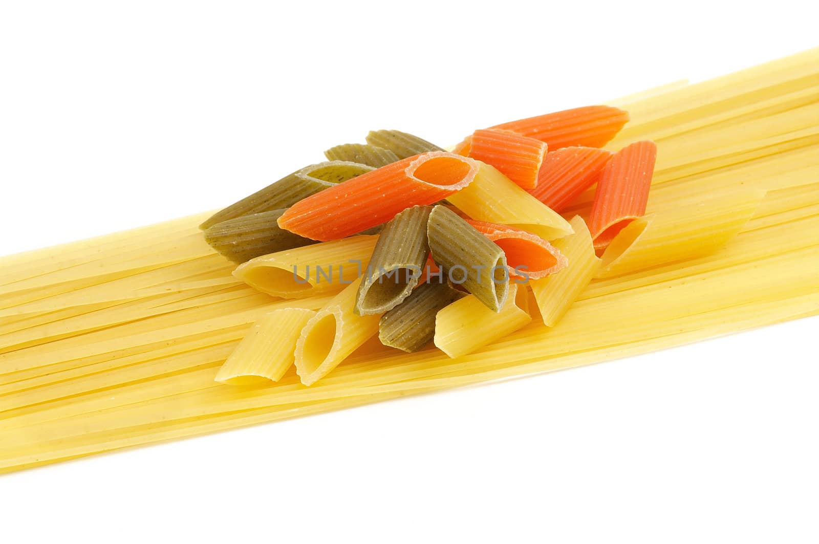 Italian pasta spaghetti and Penne rigate tricolore isolated on white background