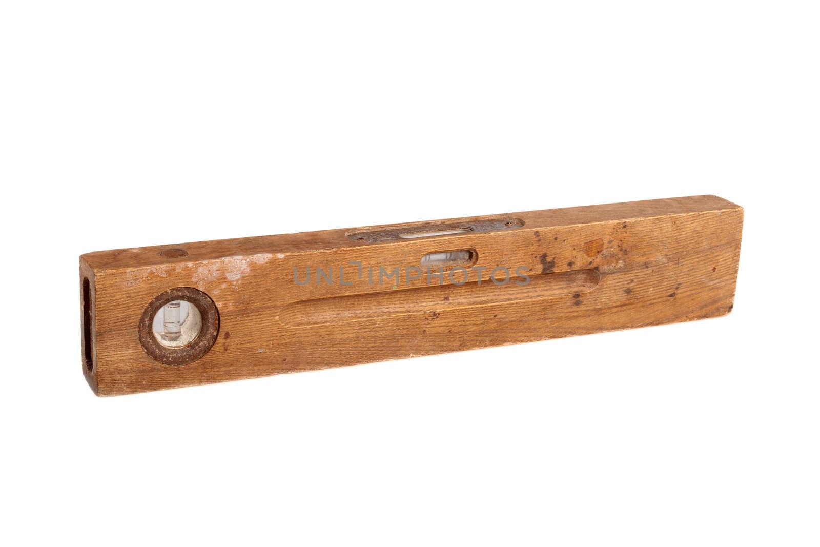 old brown wooden spirit level on a white background