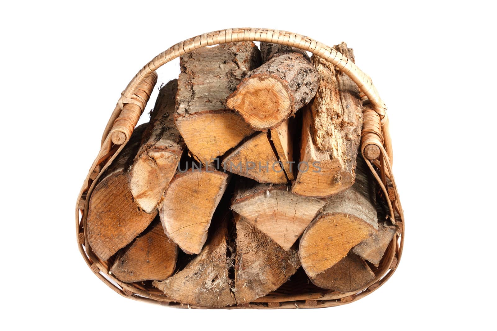 chopped firewood in wicker basket on a white background
