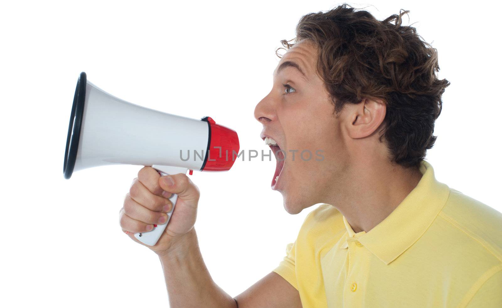 Young man with megaphone isolated on white background