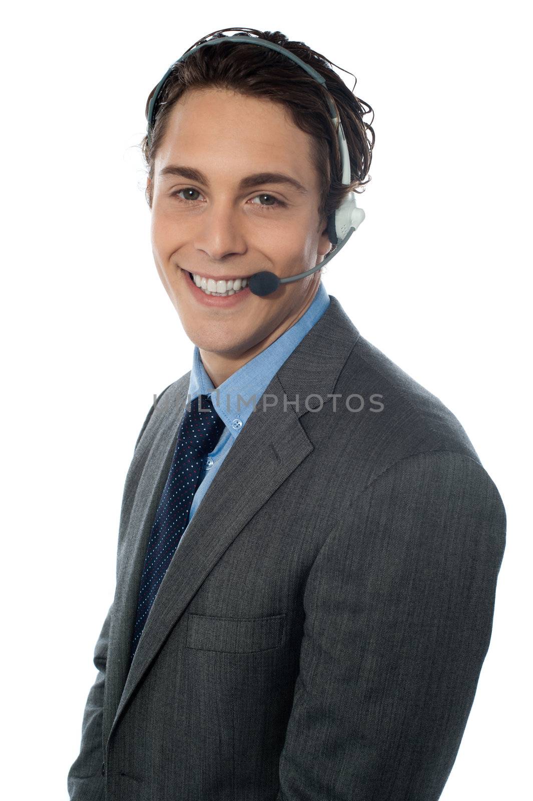 Male customer service representative smiling, isolated on white