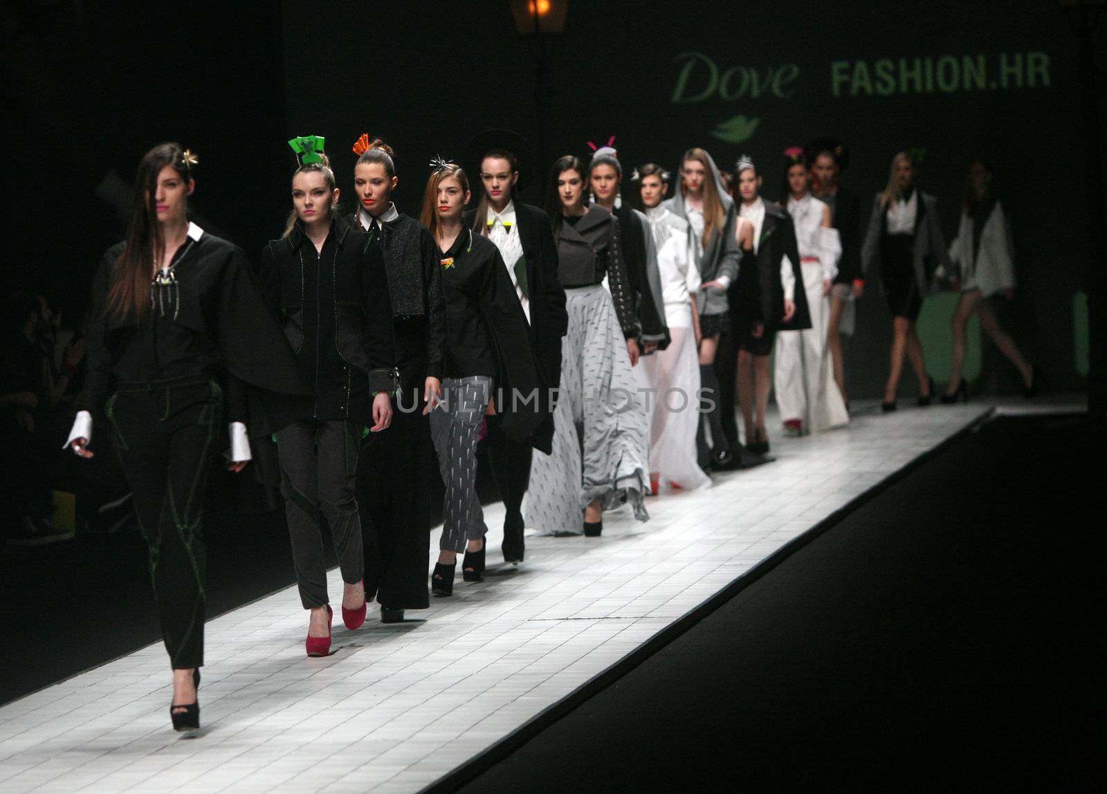 ZAGREB, CROATIA - MARCH 15: Fashion model wears clothes made by design group "Clash of 9" on "Dove FASHION.HR" show on March 15, 2012 in Zagreb, Croatia.