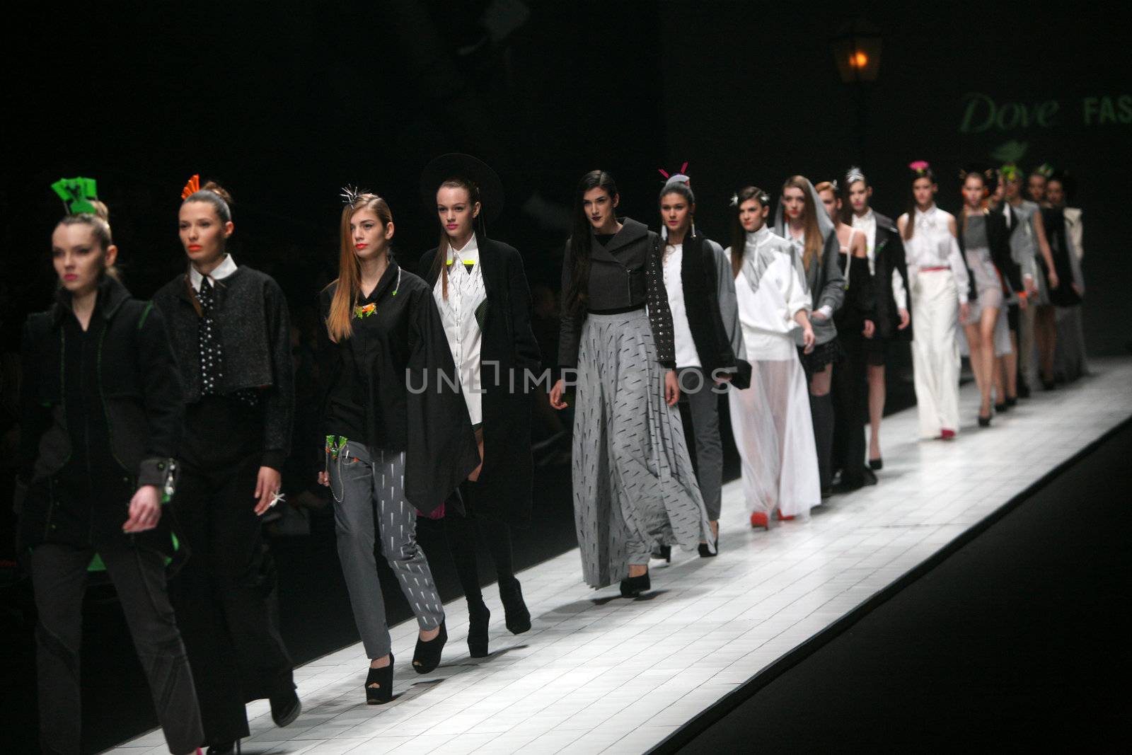 ZAGREB, CROATIA - MARCH 15: Fashion model wears clothes made by design group "Clash of 9" on "Dove FASHION.HR" show on March 15, 2012 in Zagreb, Croatia.
