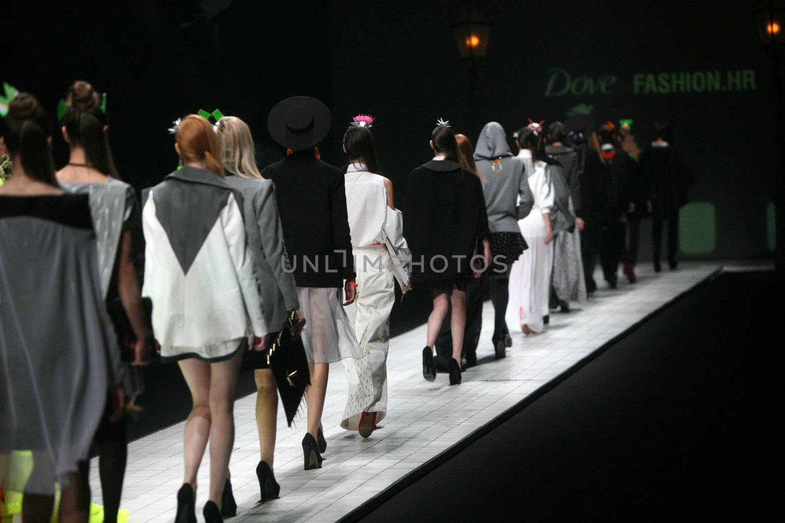 ZAGREB, CROATIA - MARCH 15: Fashion model wears clothes made by design group "Clash of 9" on "Dove FASHION.HR" show on March 15, 2012 in Zagreb, Croatia.