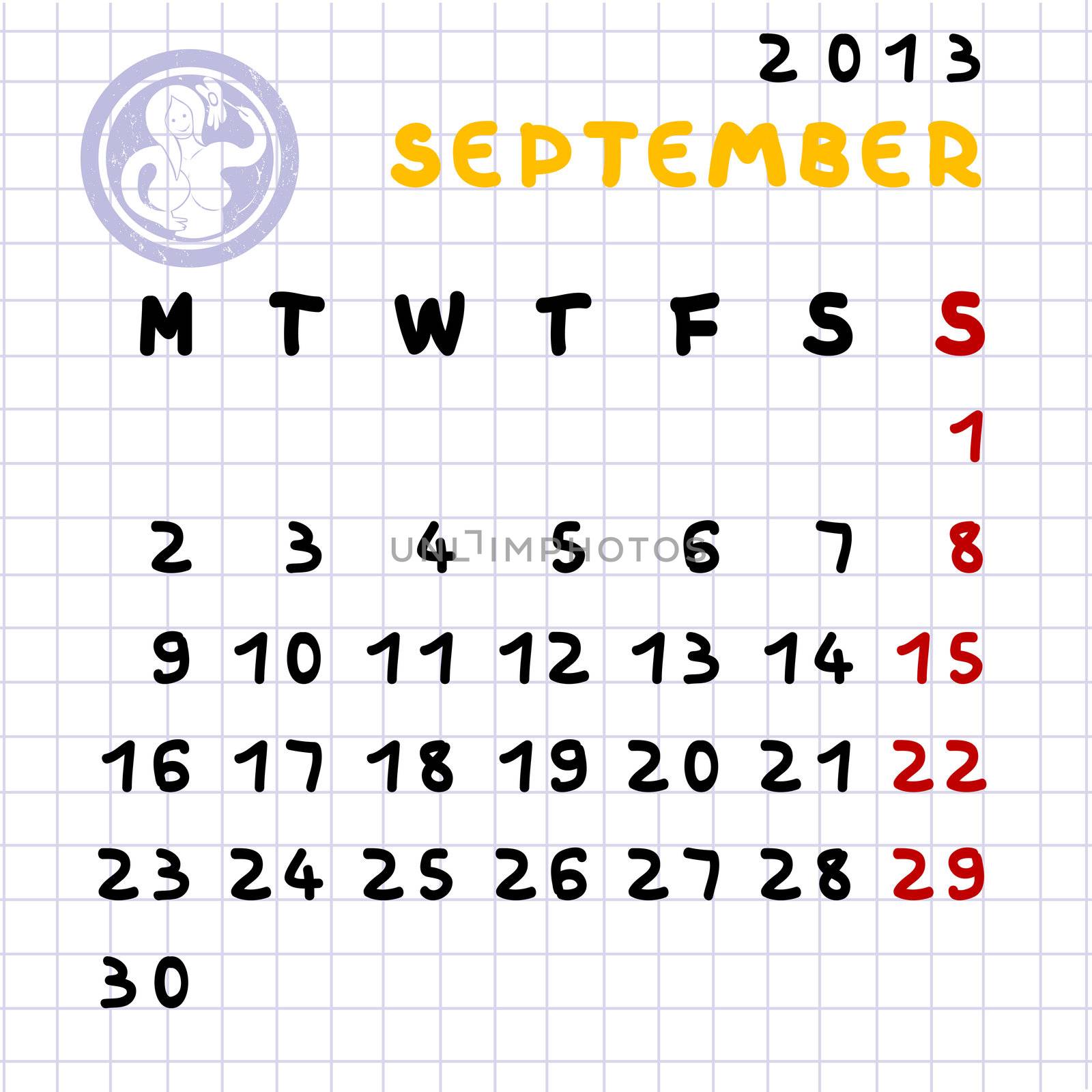 2013 monthly calendar September with Virgo zodiac sign stamp