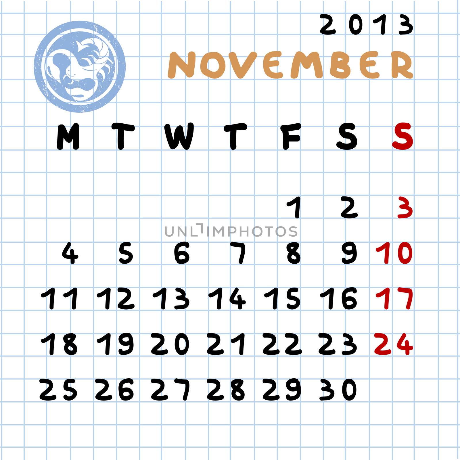 2013 monthly calendar November with Scorpio zodiac sign stamp