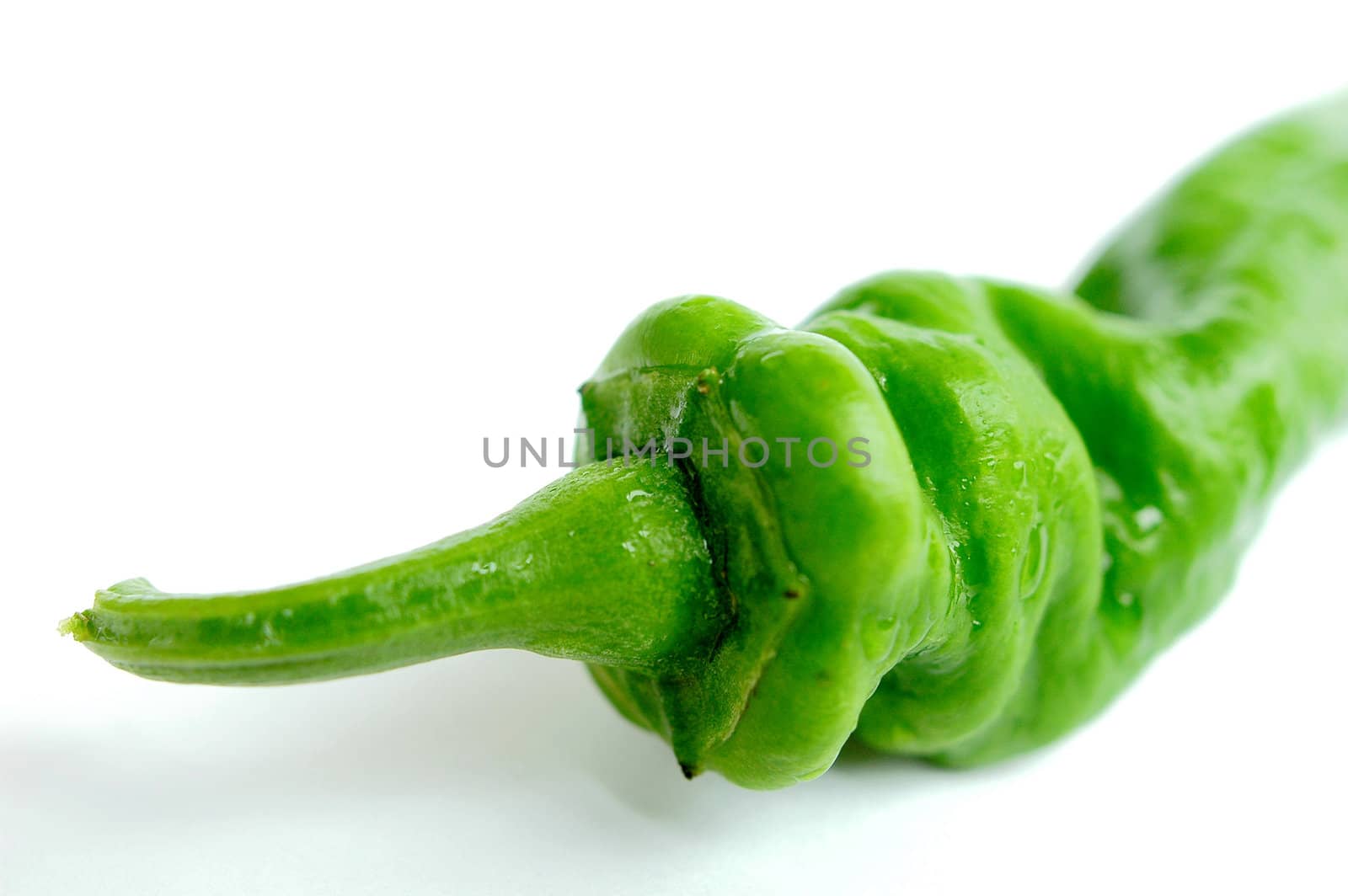 Closeup view of fresh green pepper on a white background