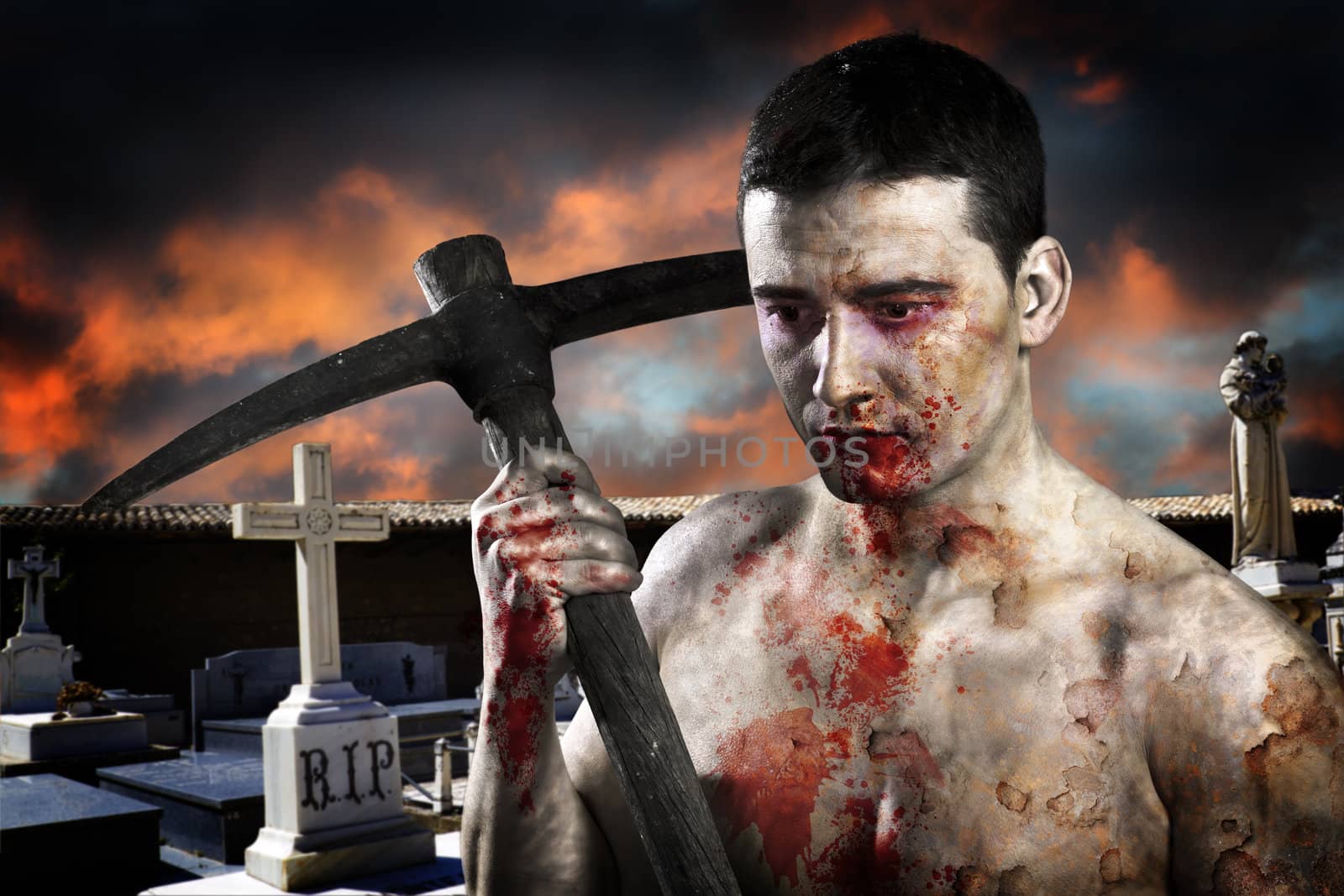 Male zombie in a cemetery, undertaker with pick axe by FernandoCortes