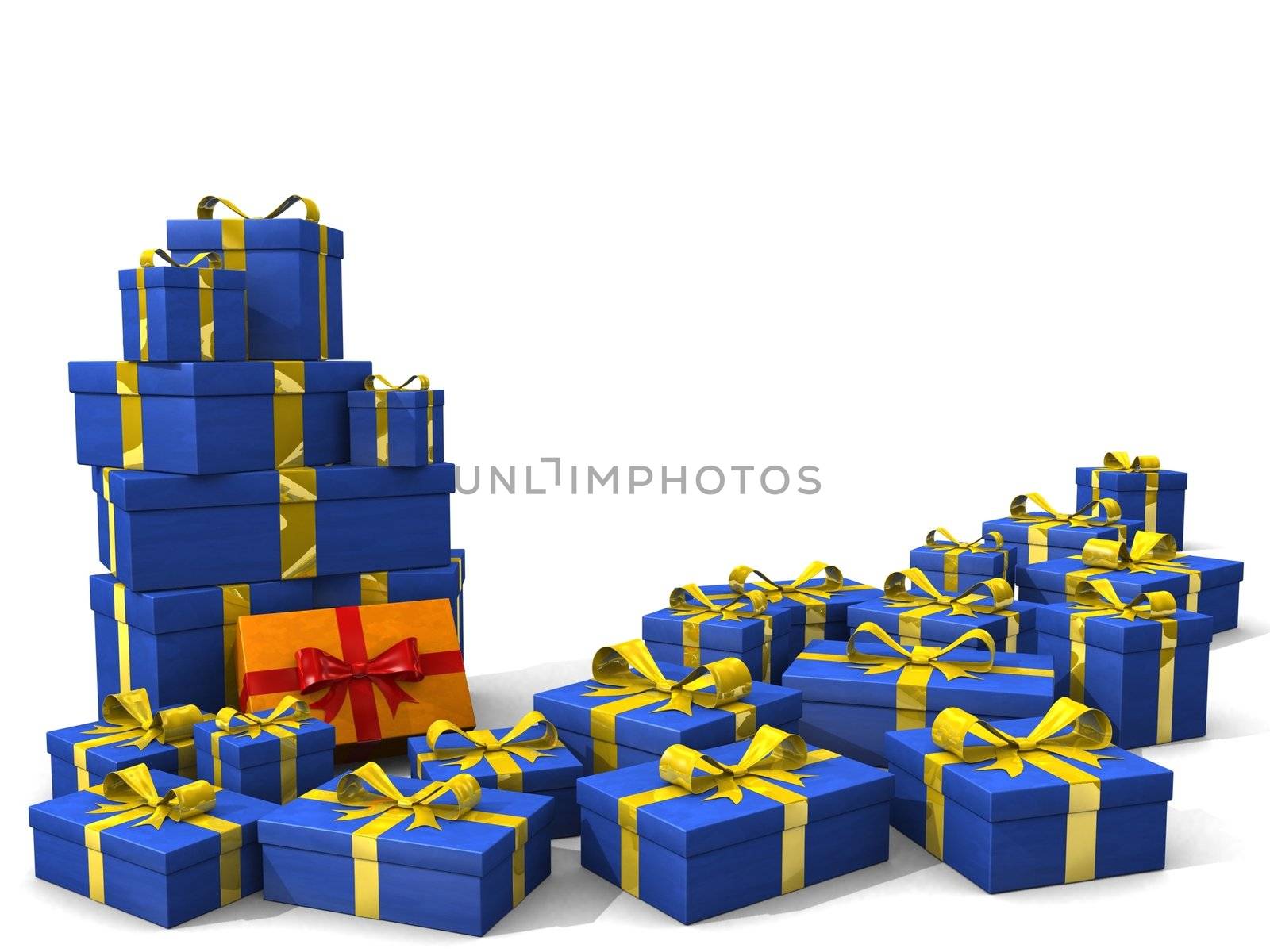 3d blue gift boxes with an orange box in the middle