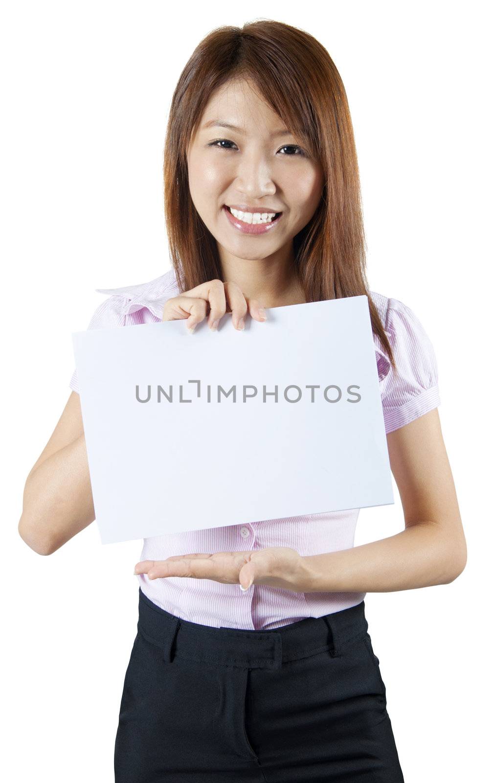 Mixed race Asian woman holding a white board, ready for text