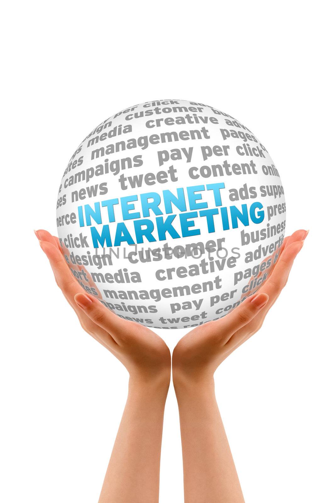 Hands holding a Internet Marketing  Sphere on white background.