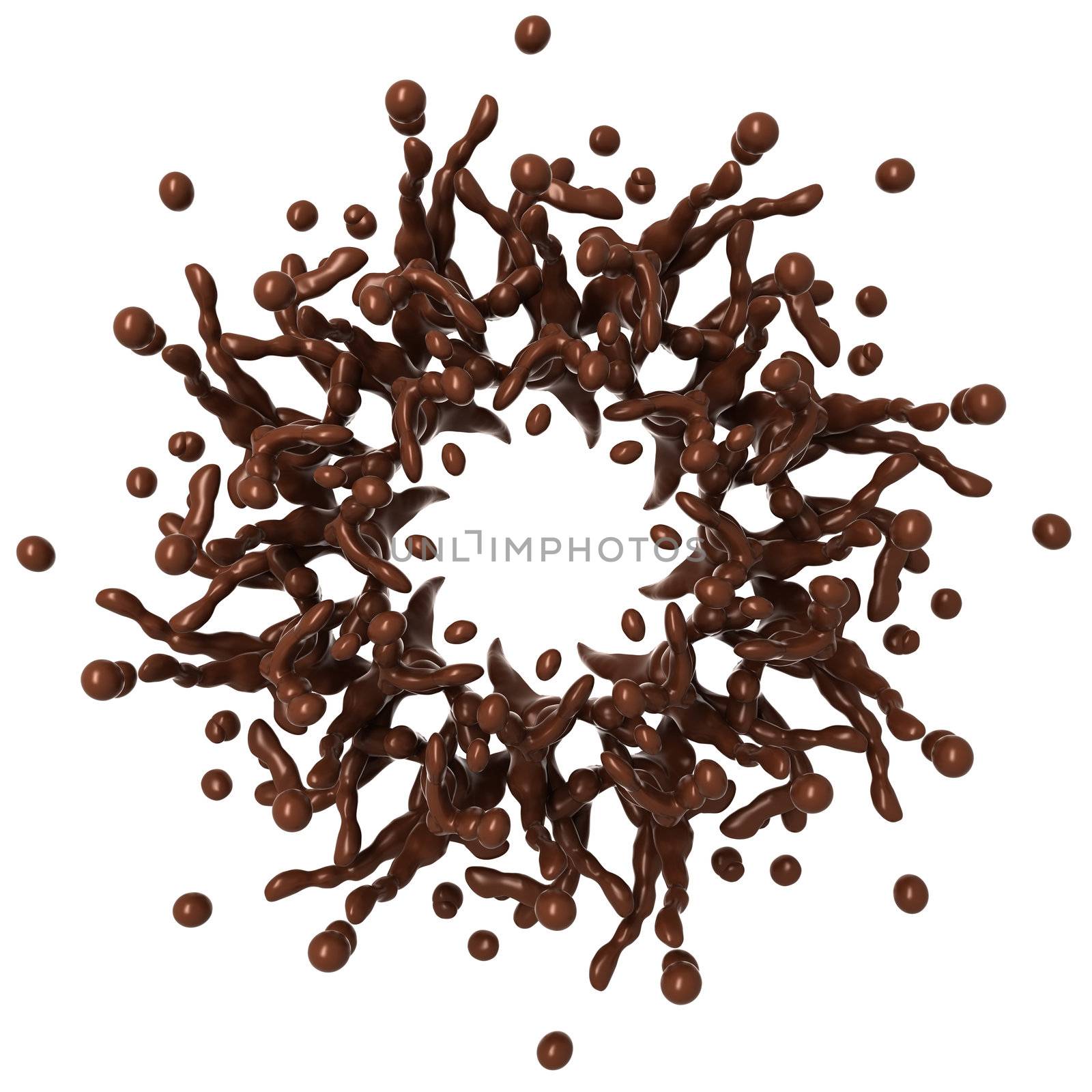 Liquid chocolate splash with drops isolated over white