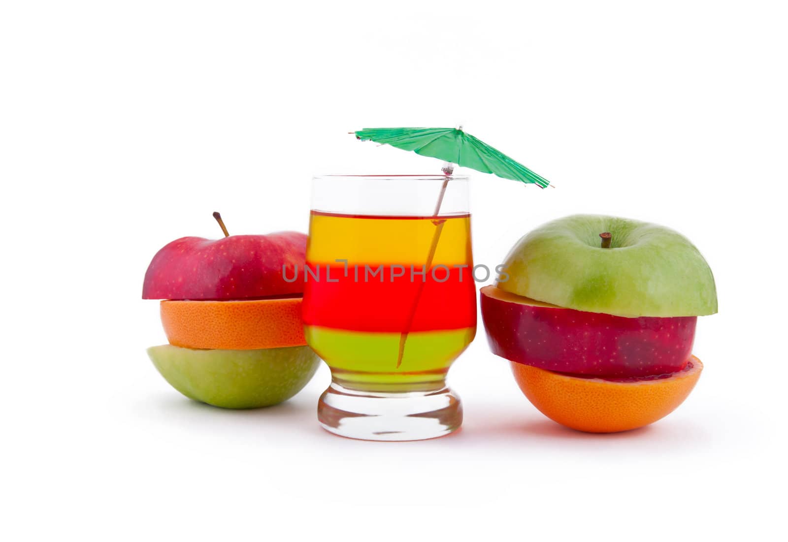 Mixed fruits and coctail, isolated on white background