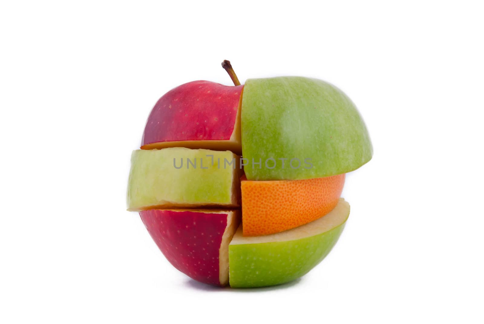 Red and green apples, grapefruit cut and combined by layers, isolated on white background