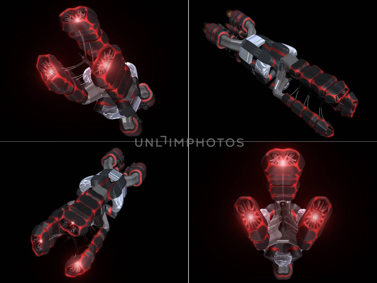 Four Front Views of Black and Red Space Ship with a black background
