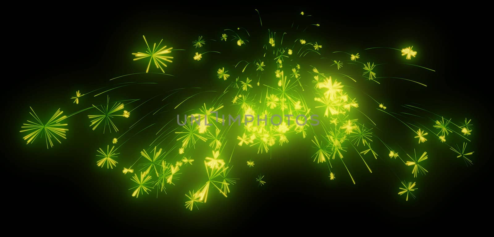 Celebration: green festive fireworks at night over black
