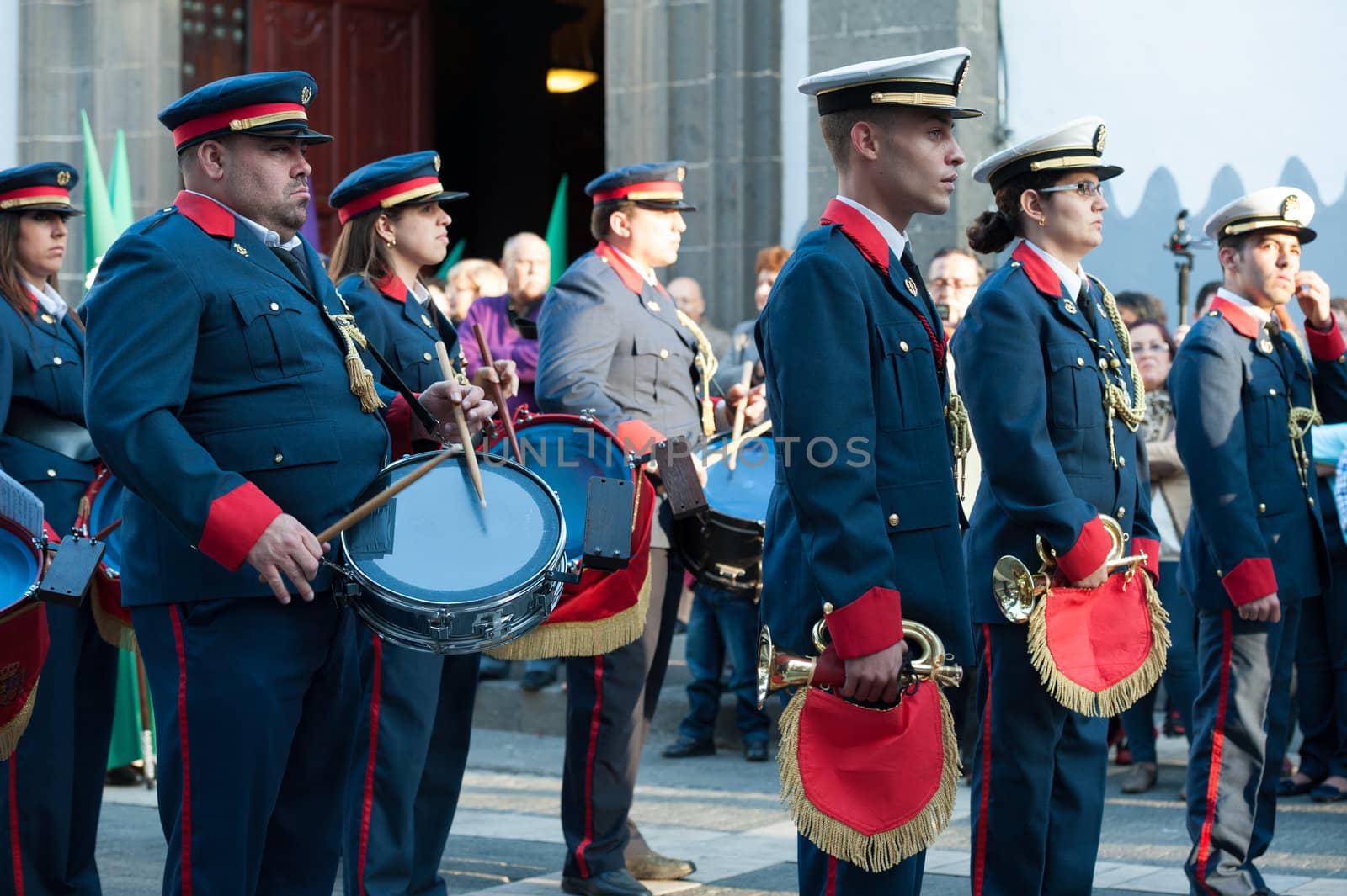 LAS PALMAS, SPAIN–APRIL 2: Unidentified musicians, from Canary Islands, playing at Palm Sunday in park Santo Domingo de Guzman, during Holy Week marching procession on April 2, 2012 in Las Palmas, Spain
