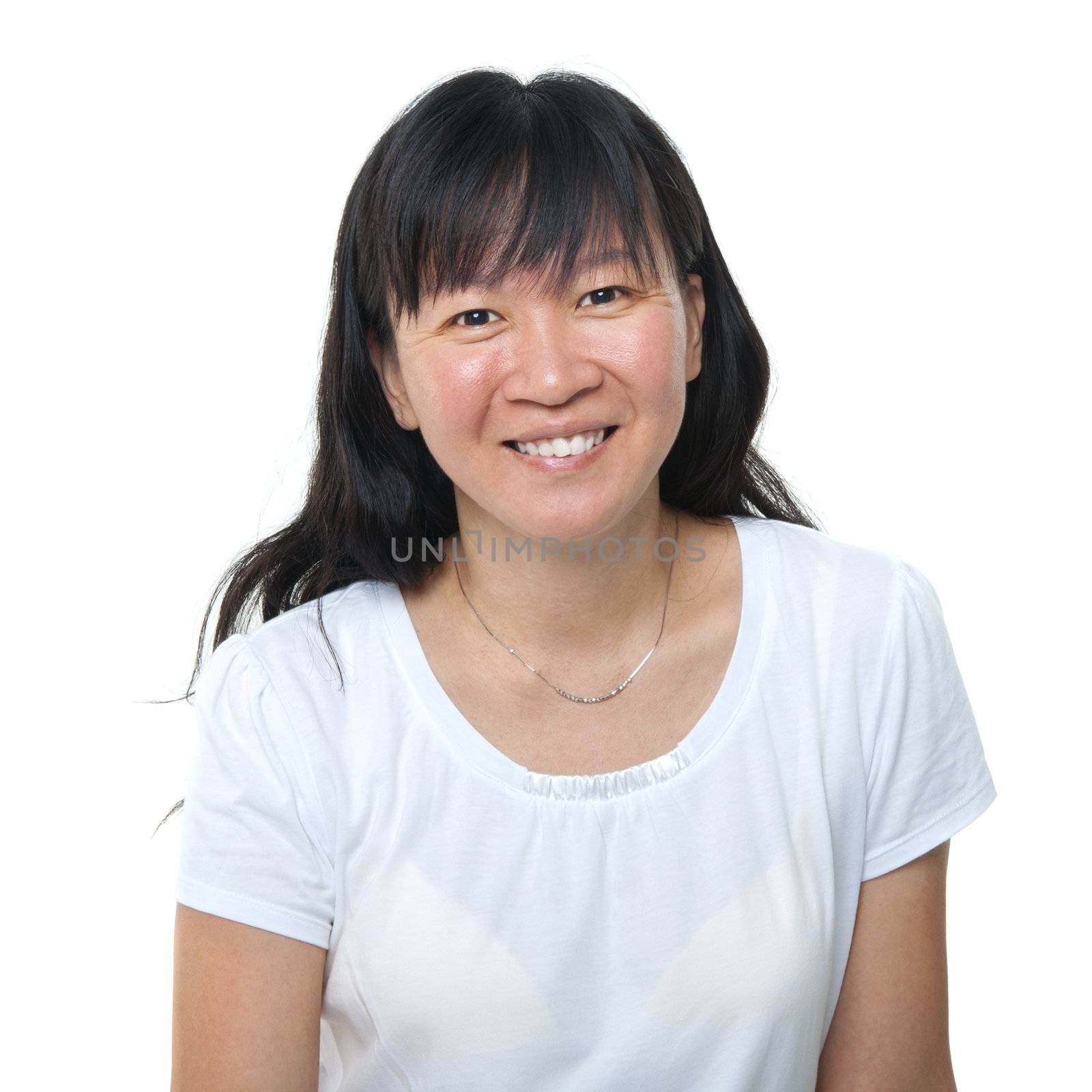 Happy 40s Asian woman on white background