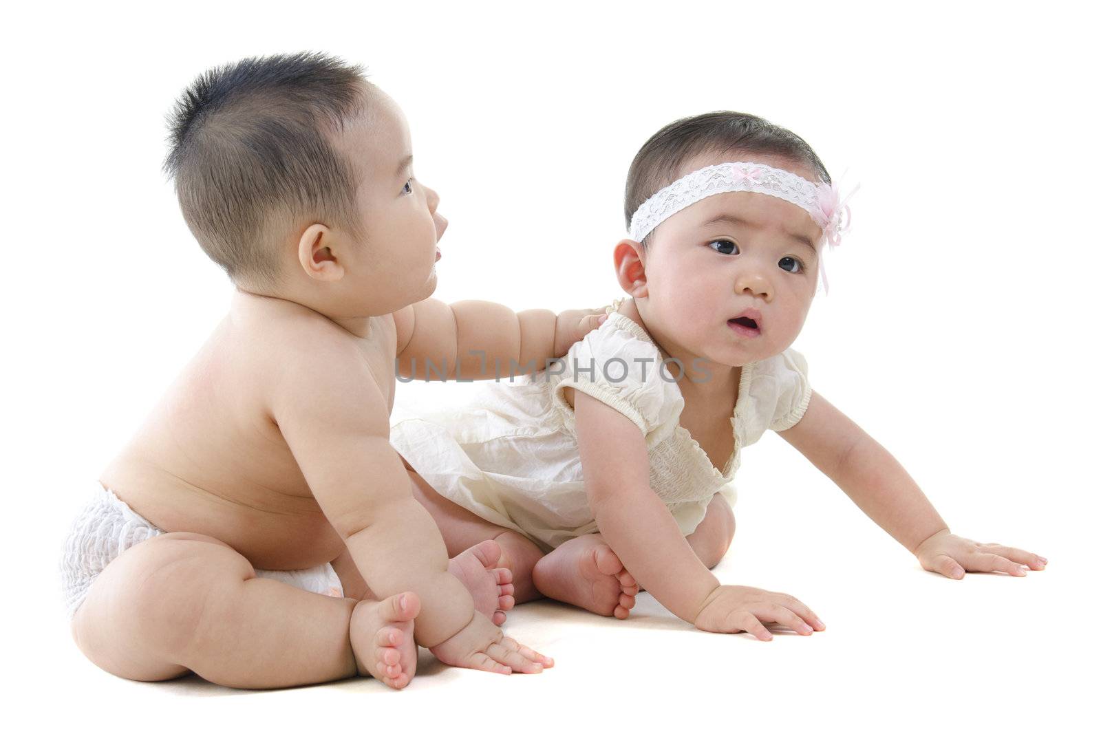Full body two Asian baby sitting on white background