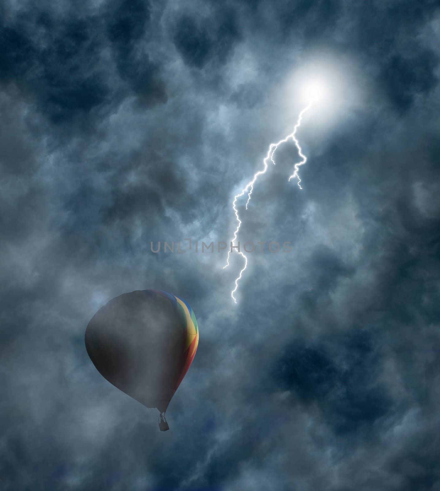 Lightning bolt coming from dark storm clouds toward hot-air balloon