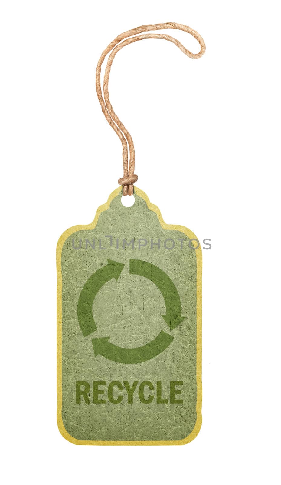 Label with recycle symbol, white background, clipping path.