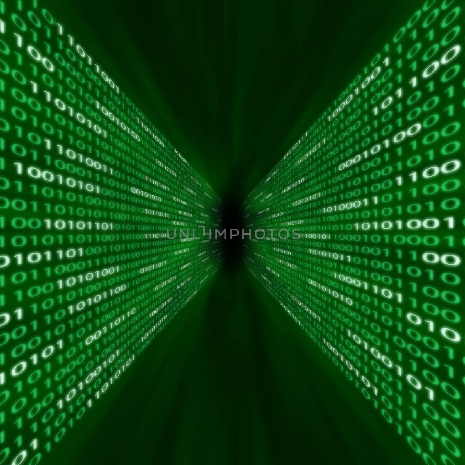 Corridor of green binary code flowing into a vortex