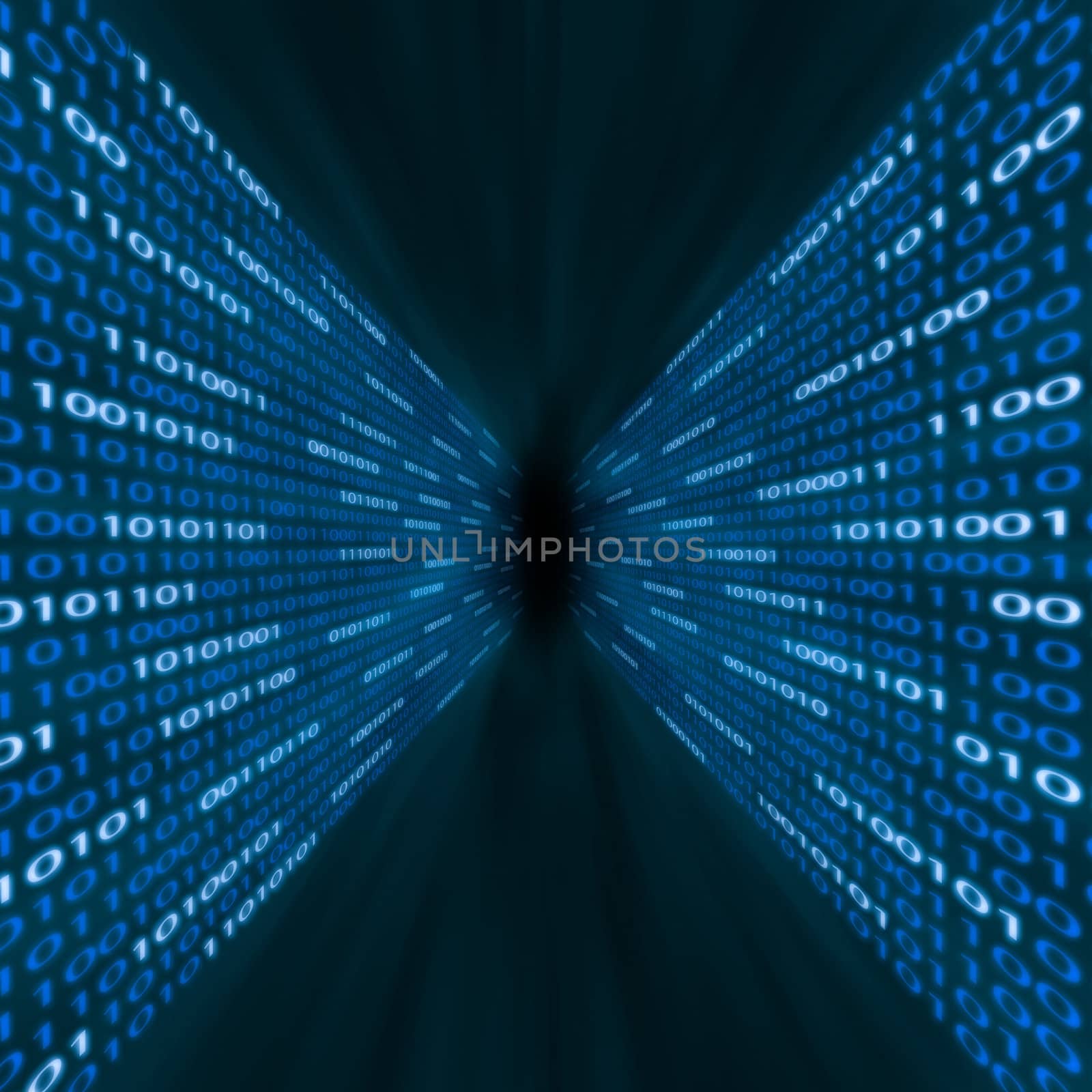 Corridor of blue binary code flowing into a vortex