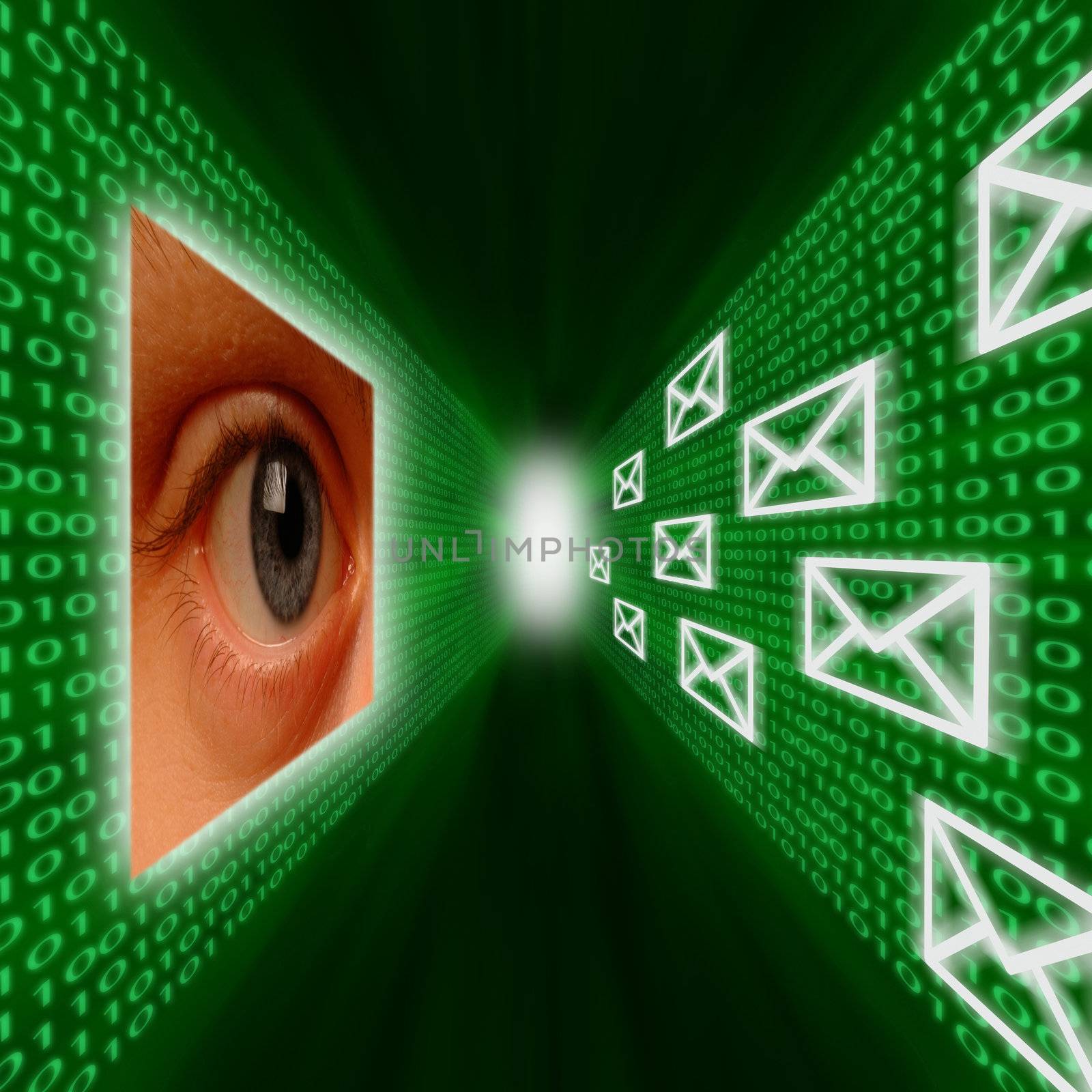 An eye monitoring a corridor of emails and binary code