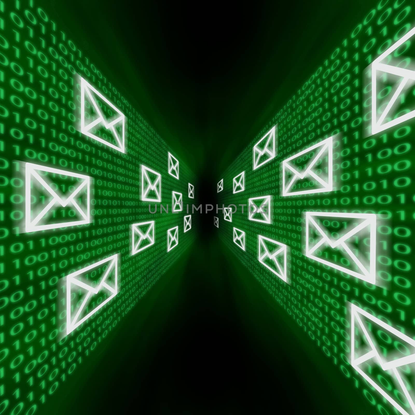 E-mail icons flying along walls of green binary code