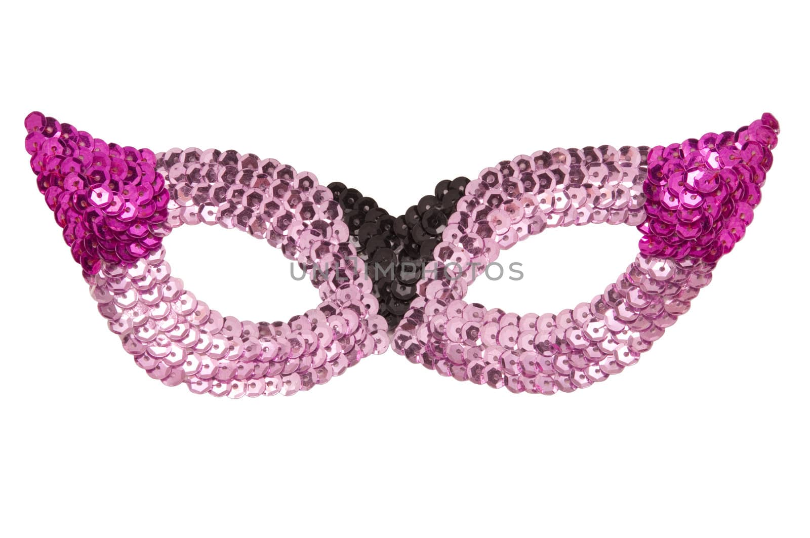 Sequined pink and purple party mask against white