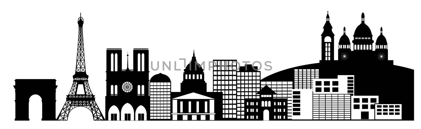 Paris France City Skyline Panorama Black and White Silhouette Clip Art Illustration