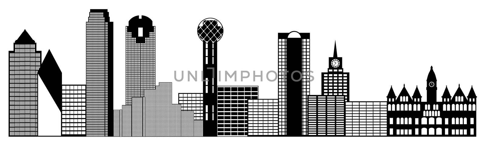 Dallas Texas City Skyline Panorama Black and White Silhouette Clip Art Illustration