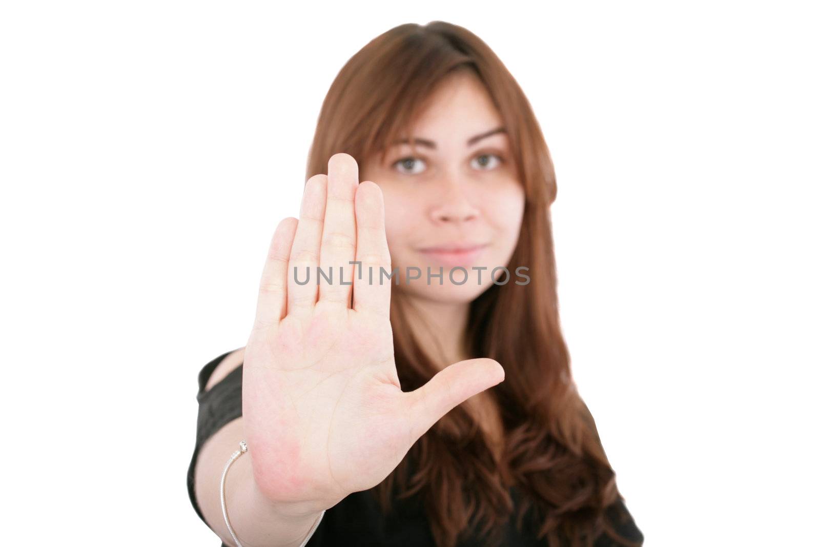 young woman making stop with his hand on white background