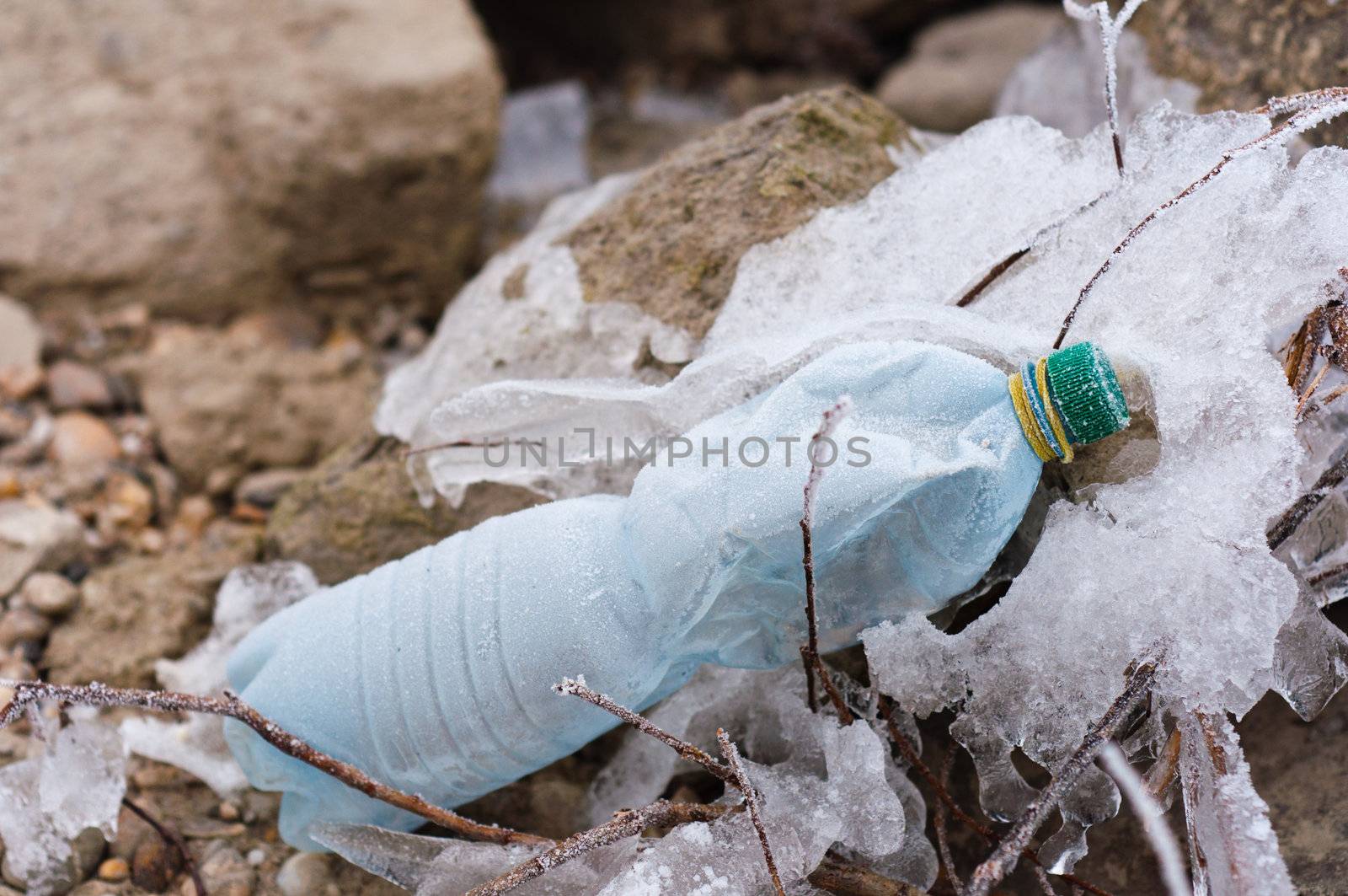 empty bottle frozen into the rocks on shore