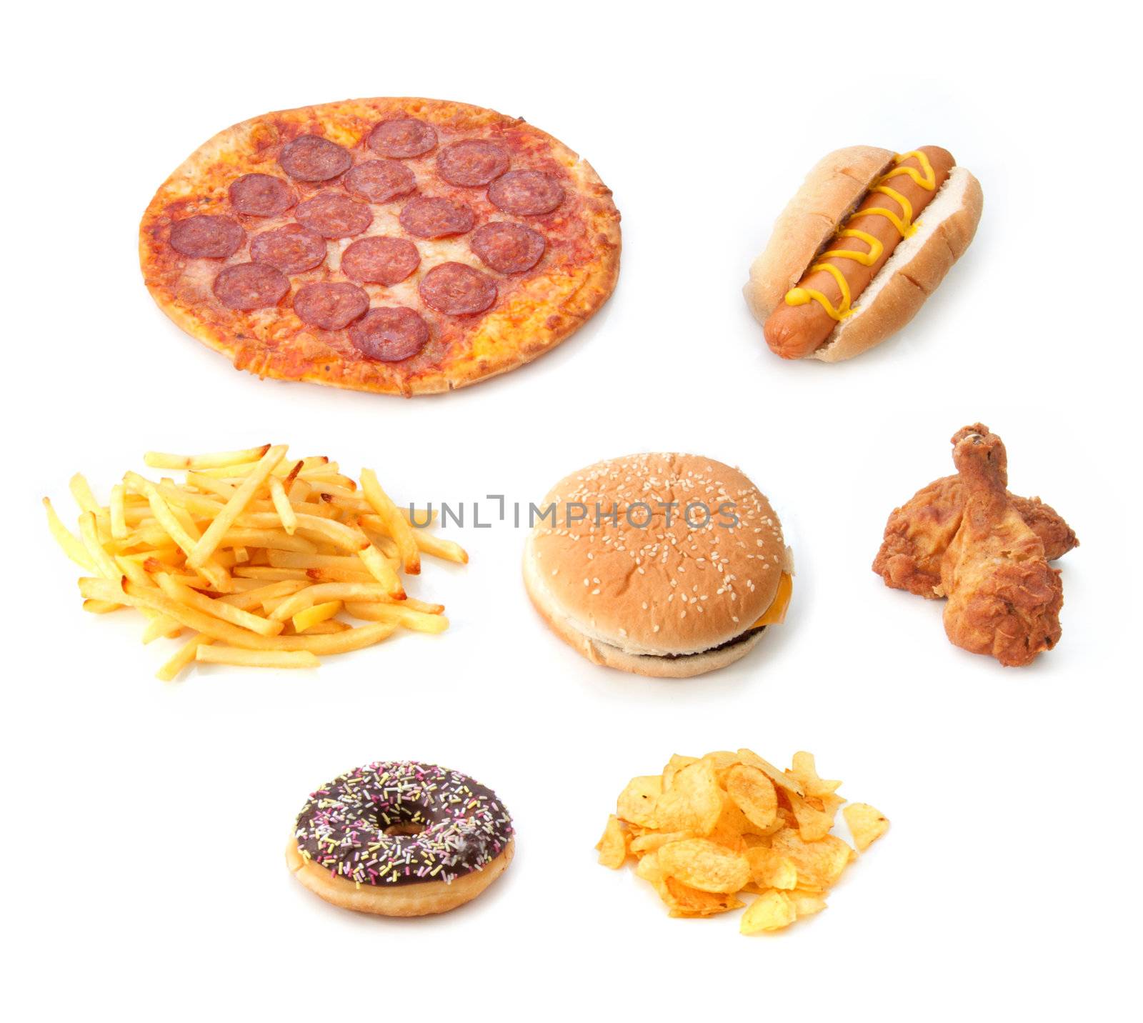 Various types of fast food on a white background