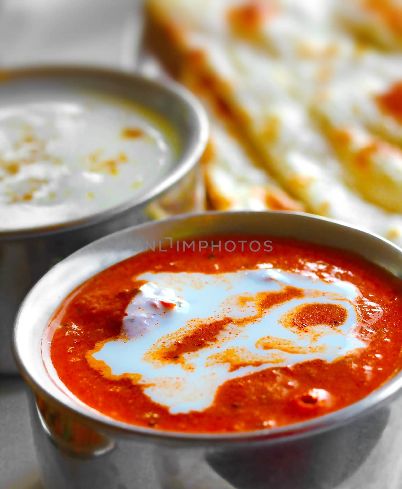 Indian curry, raitha and roti closeup photo