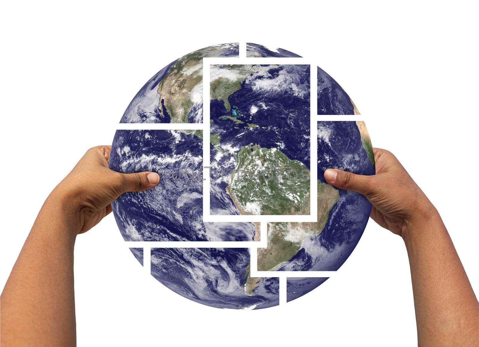 Woman assembling and holding earth photos partitioned and then joined again. Concept of saving earth. Earth photo credit - http://www.nasa.gov