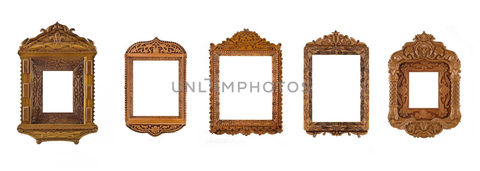 Collage of wooden carved Frames for picture or portrait over white