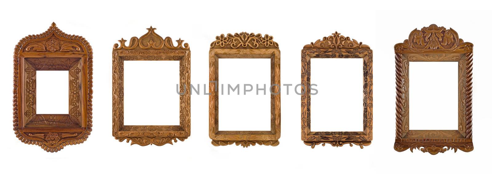 Collage of wooden carved Frames for picture or portrait over white