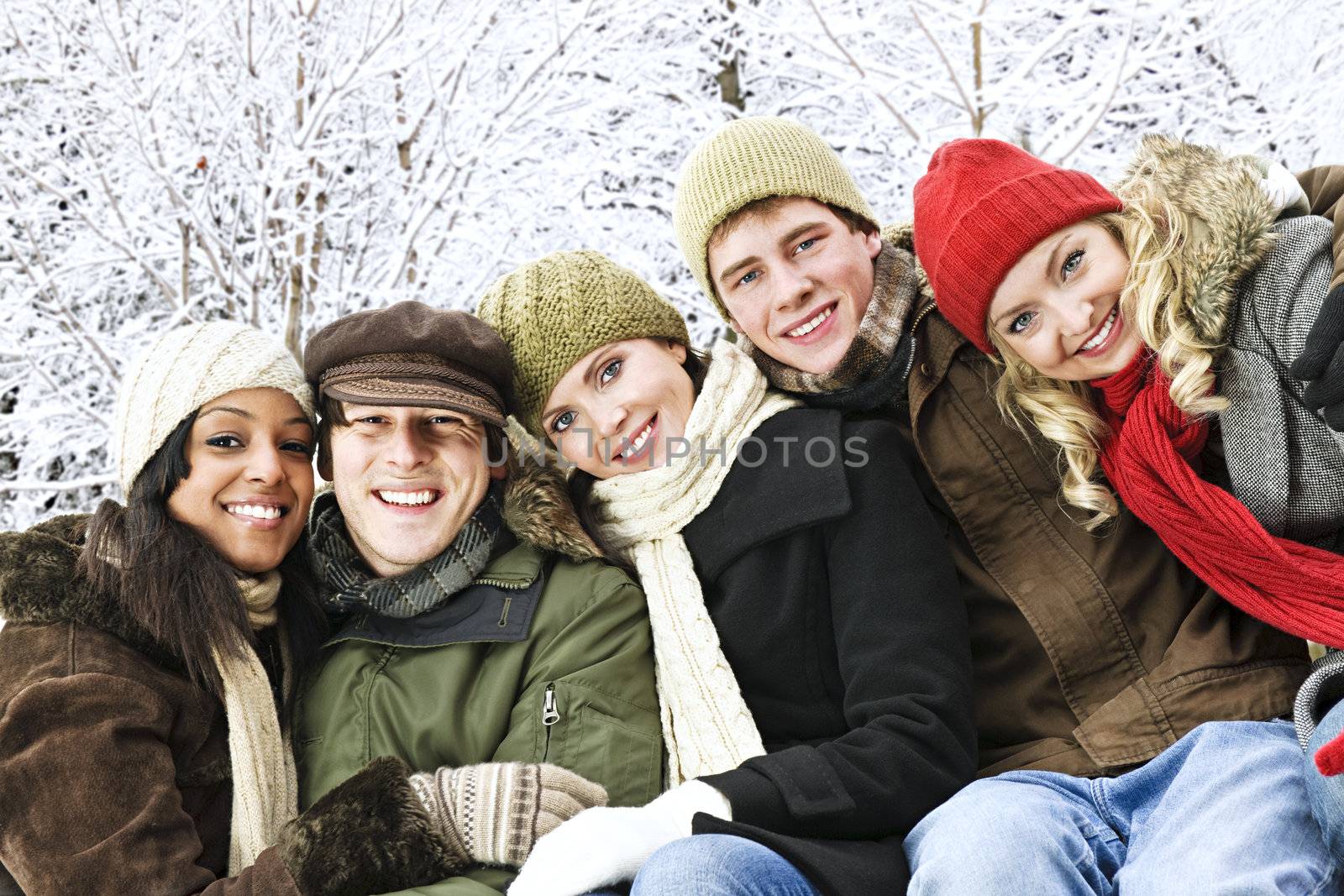 Group of diverse young friends outdoors in winter