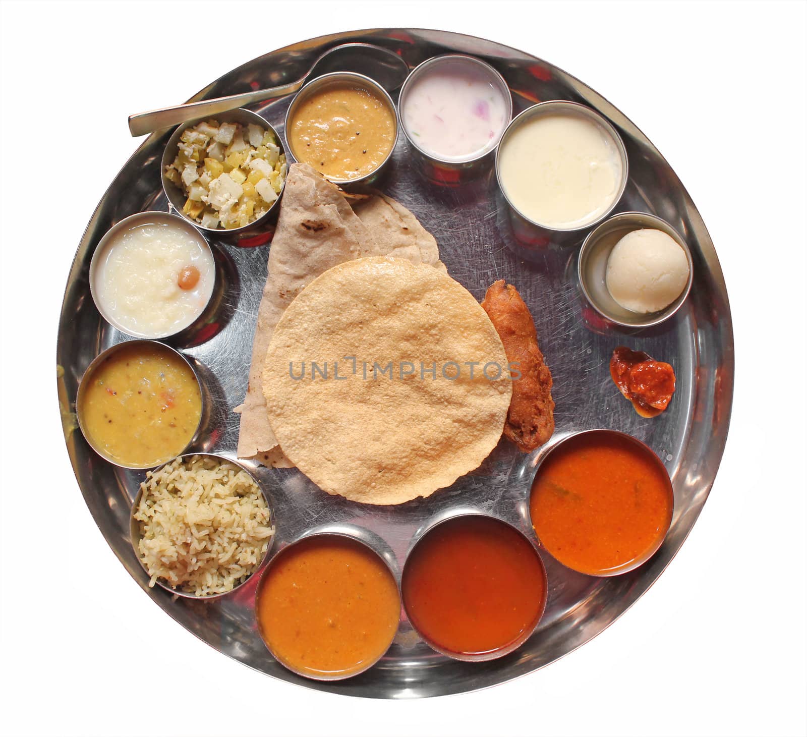 Indian plate meals with chapatti, rasam, sambar, dal and other curries