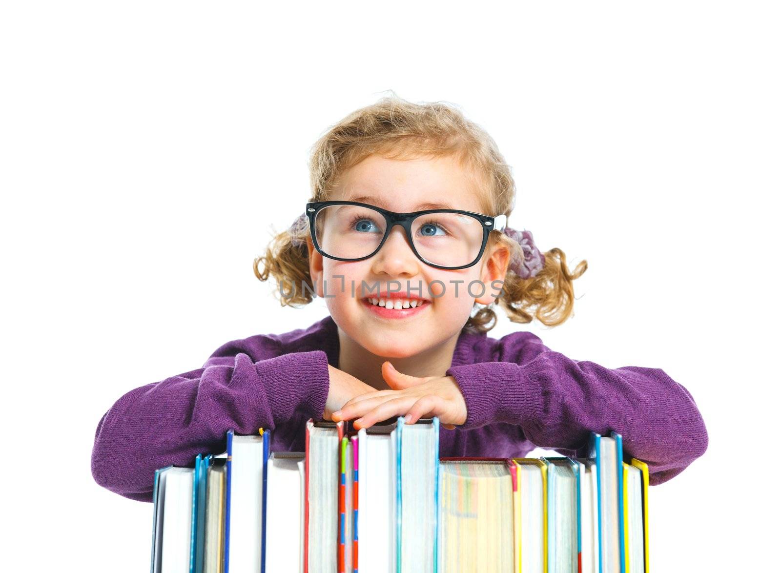 Education - funny girl in glassis with books. Isolated over white background.
